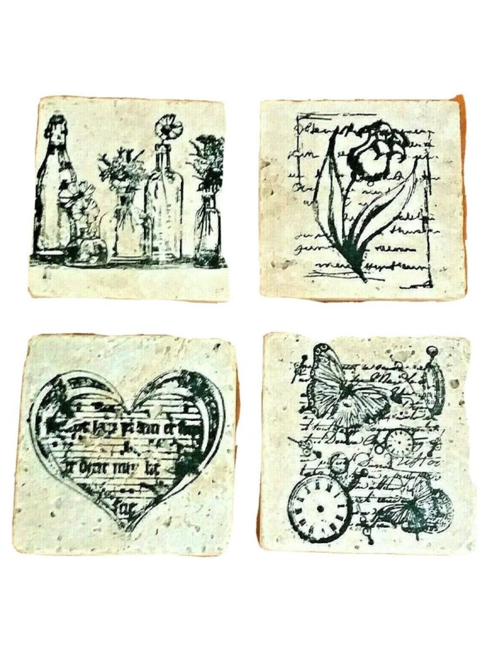 Vintage Style Stone Coasters Rustic Tiles Set of 4 Script Heart Botanical
